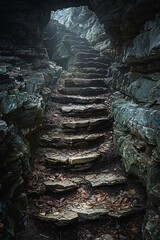 A rocky cavern pathway illuminated by soft sunlight, revealing intricate textures and shadows on the cave walls, leading into the darkness