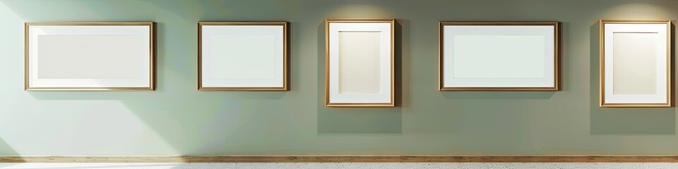  Serene Gallery Space: Five Empty Oak Frames on Light Pastel Green Wall in Evenly Lit Room