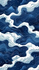Obraz premium Seamless Pattern with Wavy Digital Ripples, Their Motion Frozen in White Lines on a Blue Background, in a Flowing Minimalist Style with Papercut and Plant Illustrations. The Design Utilizes Vector 