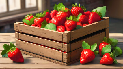 Ripe Summer Bounty - Overflowing Wooden Crate Spilling Fresh Strawberries