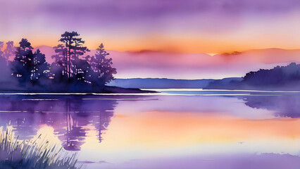 Dreamy Summer Sunset - A Watercolor Painting of a Purple Sky Over a Tranquil Lake