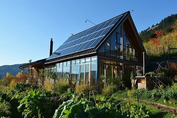 A minimalist, eco-friendly home with solar panels and a vegetable garden, Modern Eco-Friendly Home with Solar Panels and Greenery, Ai generated