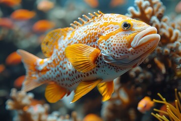Obraz premium Grouper fish swimming among coral reefs, ideal for marine conservation themes. 
