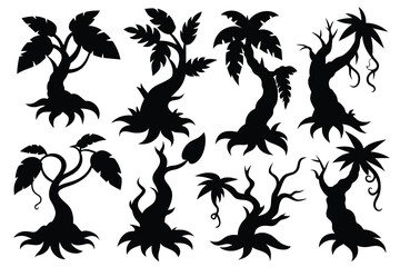 Set of jungle lianas black Silhouette Design with white Background and Vector Illustration on white background