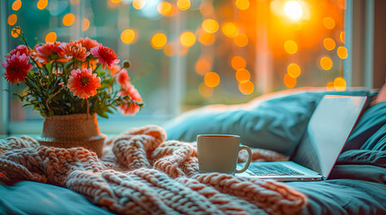 Cozy evening with laptop and coffee