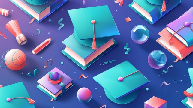 Colorful school elements with graduation cap icons illustration for educational designs and projects