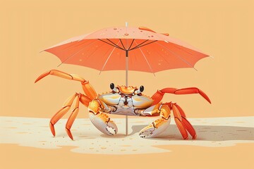 Crab under a beach umbrella flat design side view sun protection theme cartoon drawing Analogous Color Scheme