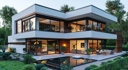 Fototapeta premium Elegant modern two-story house with beautiful landscaping and luxurious interior