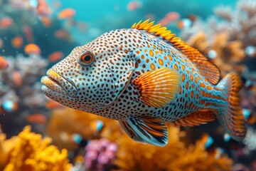 Grouper fish swimming among coral reefs, ideal for marine conservation themes. 