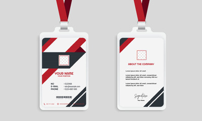 Id cards with red ribbon and lanyard, ideal for corporate or event concept designs, showcasing identity, access, or security themes.