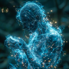 A captivating visualization of a human figure interacting with digital particles, symbolizing the seamless integration of technology and humanity in a futuristic setting.