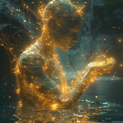 A visually striking depiction of a man emerging from sparkling digital waters, representing rebirth and the genesis of new digital life.