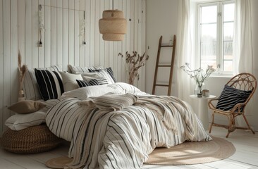 Bedroom With White Walls and a Striped Bed