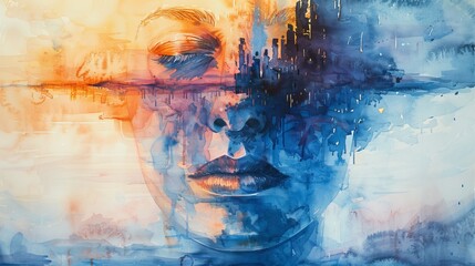 Portray the fragility and resilience of mental health with a watercolor painting at a tilted angle Blend cool tones with warm hints to symbolize vulnerability and strength