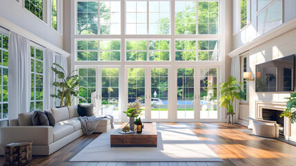 Fototapeta premium Beautiful living room interior with hardwood floors and fireplace in new luxury home. Large bank of windows hints at exterior view