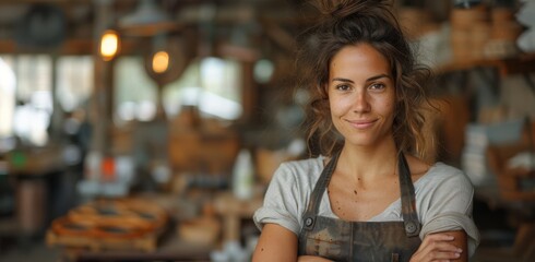 Fototapeta premium Confident female artisan with apron in her woodworking workshop