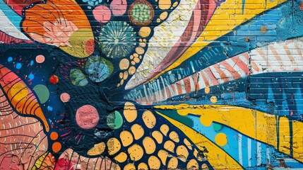 Close-up of a vibrant mural on a city building, capturing its intricate details and textures