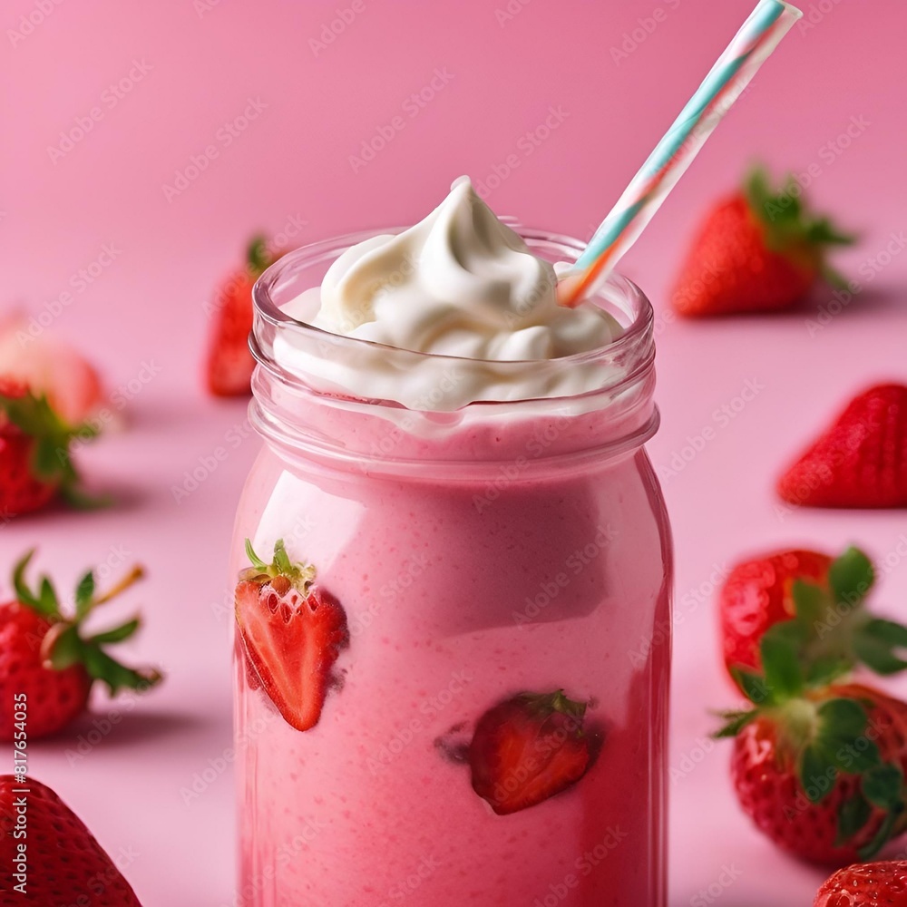 Poster AI generated illustration of a close-up of a strawberry smoothie and fresh strawberries on a table