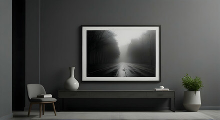 a black and white photo of a road in the fog