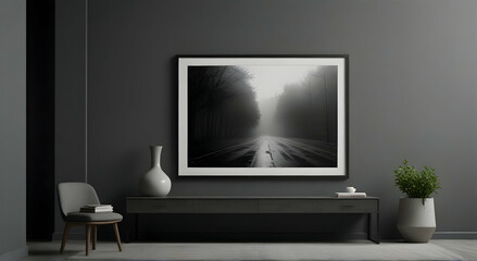 Fototapeta premium a black and white photo of a road in the fog