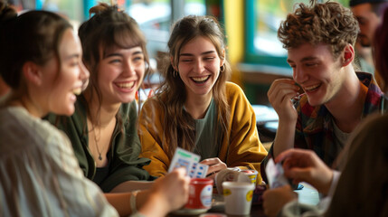 Obraz premium Photo of a group of friends in their late twenties, gathered around a table at a lively cafe, each holding a lottery ticket, smiling and chatting. 