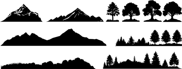 	
Set Vektor Natur Silhouetten - Berge, Bäume, Gebirge und Gletscher - Design Elemente - Gebirgszüge, Hügel und Wälder