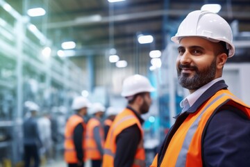 organization, people and technology, towards continuing improvement in manufacturing industry. portrait of product development engineers holding a hardhat while standing in the production line