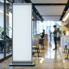 An empty vertical billboard stands prominently in a modern office hallway with blurred people in the background