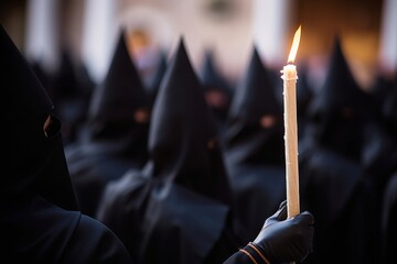 penitents of los negritos brotherhood taking part in processions during semana santa (holy week), seville, andalucia, spain