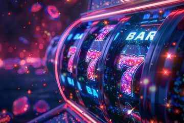 Fototapeta premium Close-up of slot machine displaying BAR and 7 symbols with sparkling lights and colorful bokeh background, evoking excitement and gambling thrill.