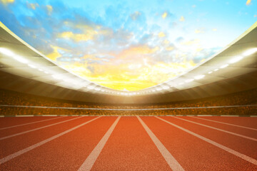 Empty nobody running track with sunset sky, sport background