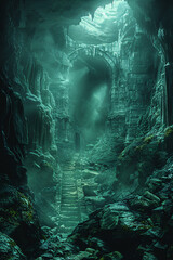 A mysterious cave entrance with rugged rock formations, dimly lit by natural sunlight filtering in from above, with a dark, deep interior