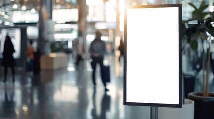 Obraz premium Blank white vertical billboard standing in a busy airport hall with people walking by and blurred background