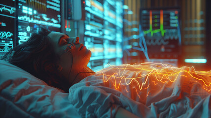 Obraz premium Medical equipment, Contains patient x-ray information, Physical therapy equipment, surgical equipment, a bed and lights.