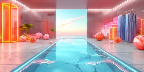 Obraz premium Whimsical 3D render of a fantastical, candy-colored cosmetics counter with oversized, lollipop-like makeup brushes and playful, confetti-shaped beauty products remix Futuristic cloth shop