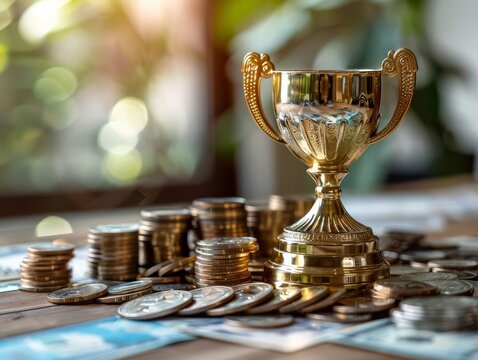 Celebratory business environment featuring a trophy that exemplifies outstanding financial performance and strategic victory