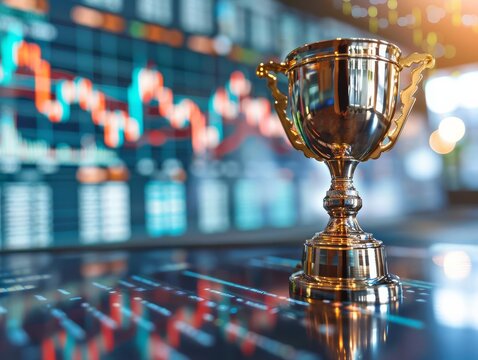 Celebratory business environment featuring a trophy that exemplifies outstanding financial performance and strategic victory