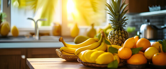 a kitchen counter with a basket of bananas, oranges and lemons - Powered by Adobe