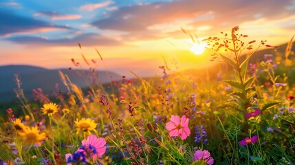 Beautiful breathtaking sunrise landscape in a floral meadow with colorful wild flowers at dawn