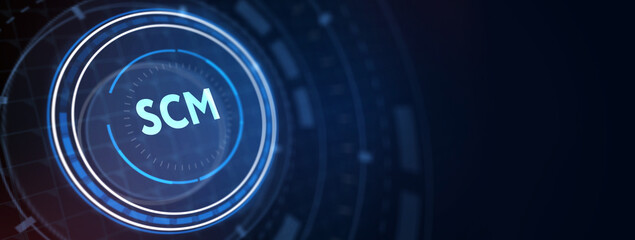 SCM - Supply Chain Management.  Supply Chain Management SCM. Aspects of Modern Company Logistics Processes. 3d illustration