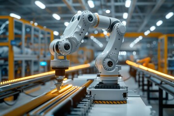 Industrial robot in action, optimizing manufacturing processes with precision, set in a futuristic factory layout