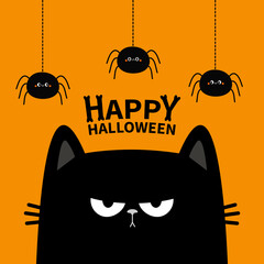 Angry cat. Sad face head. Three spider insect. Happy Halloween. Cute kitten. Black silhouette icon. Funny kawaii pet animal. Cartoon baby character. Greeting card. Flat design Orange background Vector