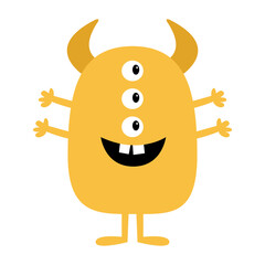 Happy Halloween. Monster standing. Orange silhouette icon. Three eyes, horns legs, hands. Cute cartoon kawaii funny baby character. Childish style. Flat design. Isolated. White background. Vector