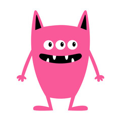 Happy Halloween. Monster standing. Three eyes, ears legs, hands. Pink silhouette icon. Cute cartoon kawaii funny baby character. Childish style. Flat design. Isolated. White background. Vector