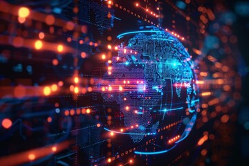 Fototapeta premium Closeup of a digital world globe with glowing data streams, representing global communication and technology integration