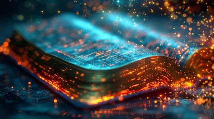 Closeup of a magical book with pages turning into digital code, blending traditional knowledge with futuristic tech