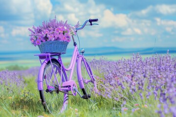 Lavender bicycle with a basket full of flowers parked in a spring meadow, left for text.