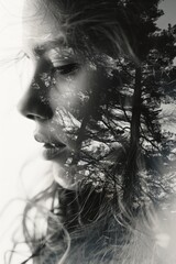 Fototapeta premium The face of a young woman and the forest. A black-and-white shot with double exposure.