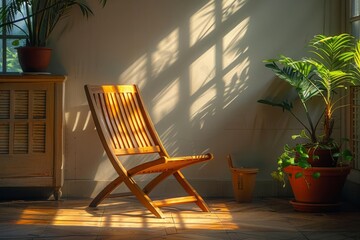 Elegant wooden chair in a serene setting, morning light casting gentle shadows, a symbol of tranquility and style