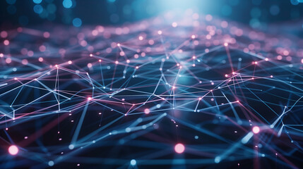 A computer generated image of a network of lines and dots. The image is blue and red in color